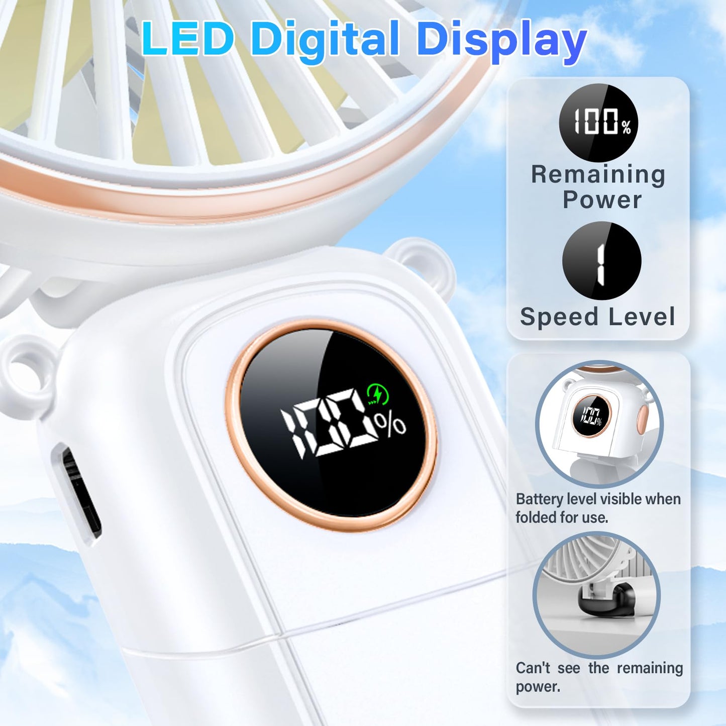 Portable Handheld Fan 5200mAh, USB Rechargeable Foldable Electric Personal Small Mini Hand Held Fan, 22Hrs Runtime, 6 Speeds, LED Display, Battery Powered, Gift for Men, Women, Travel, Outdoor, Makeup