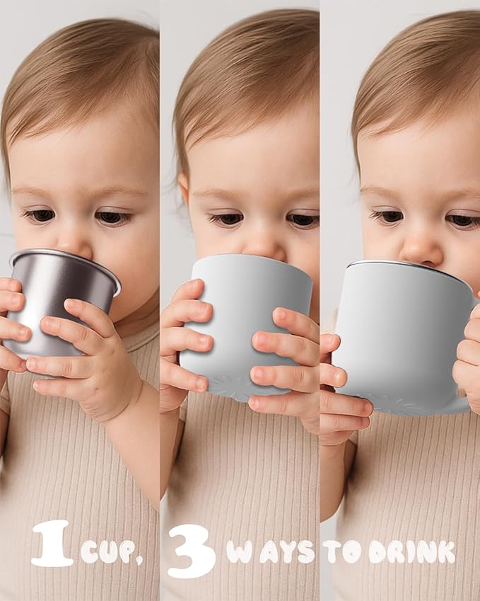 2-IN-1 Open Toddler Cups, Stainless Steel Baby Cup + Silicone Training Cup for Toddlers Kids Babys, No Plastic | No Soap Smell | Shock-Proof Feeding Essentials, 2-Pack Blue/Gray