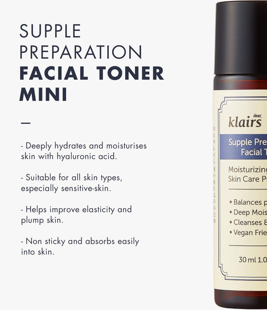 [DearKlairs] Supple Preparation Facial Toner with Hyaluronic Acid, Moisturizer, Paraben and Alcohol Free, Korean Skin Care, Hydrating Toner for Face, Sensitive Skin (30ml, 1.01 Fl Oz)