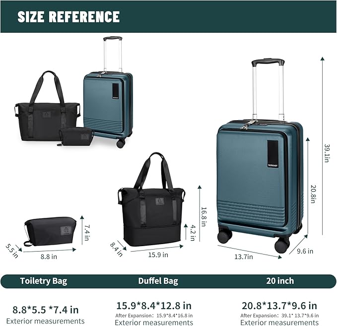 20 inch Small Carry On Luggage Front Open with Laptop Pocket, ABS+PC Hard Shell Suitcase with Spinner Wheels TSA Lock & YKK Zipper, 20in/Toiletry Bag/Handbag, Teal Blue
