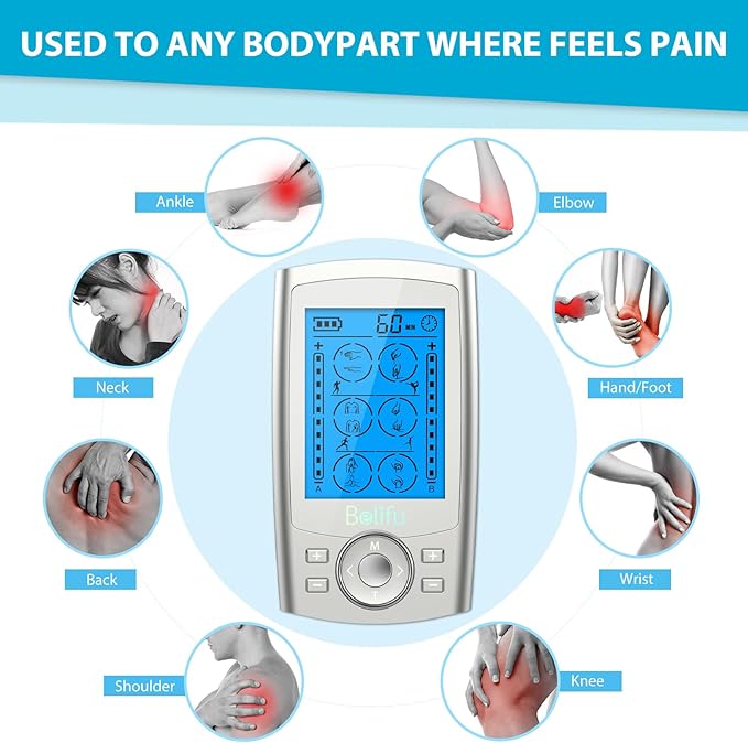 Belifu Dual Channel TENS EMS Unit 24 Modes Muscle Stimulator for Pain Relief Therapy, Electronic Pulse Massager Muscle Massager with 10 Pads, Dust-Proof Drawstring Storage Bag, Fastening Cable Ties