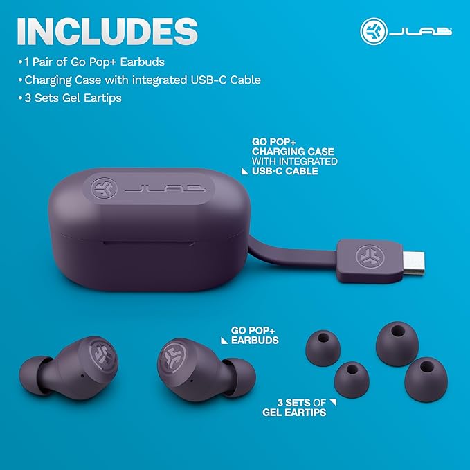 JLab Go Air Pop+ True Wireless Earbuds, in Ear Headphones, Bluetooth Earphones, 35H Playtime Ear Buds, Bluetooth Earbuds with Microphone, USB-C Charging Case, Dual Connect, EQ3 Sound, Violet