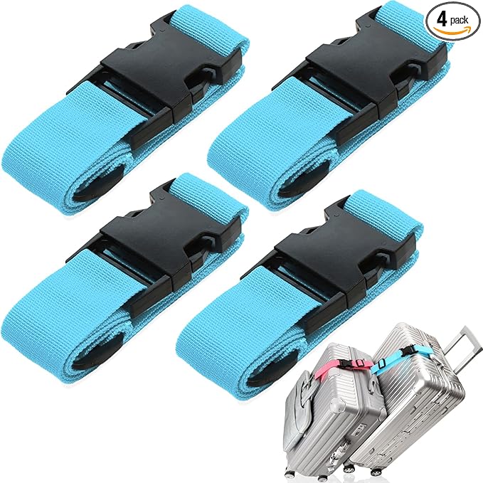 4Pack Luggage Straps for Suitcases, Travel Connector for Carry On Bag, Add Bag to Connect Two Suitcases, Adjustable Belt Attachment Accessories for Connect Your 3 Luggages, Light Blue