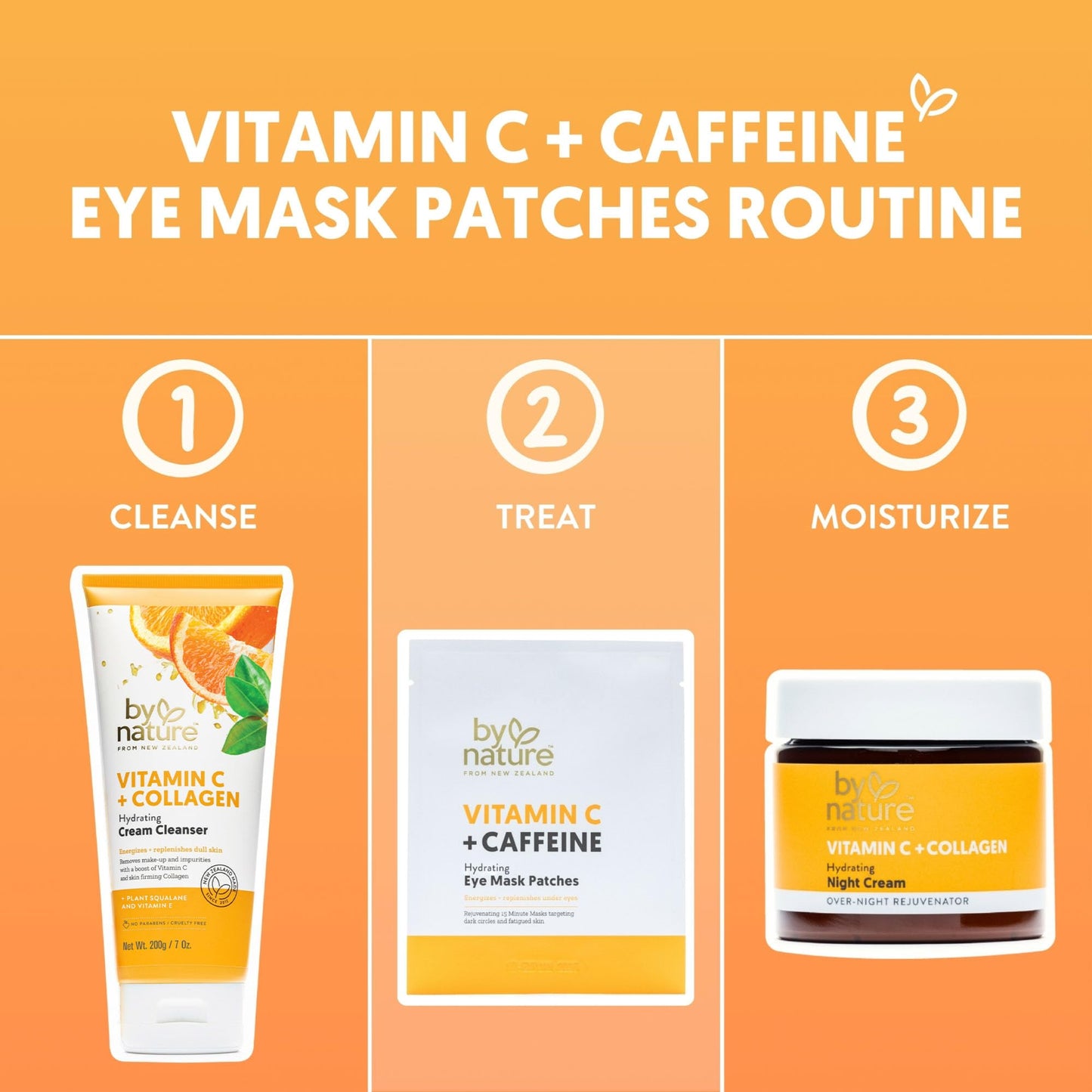 By Nature Vitamin C + Caffeine Brightening + Hydrating Under Eye Mask Patches - Energizing + Replenishing Eye Patches for Dark Circles - Skincare from New Zealand - Under Eye Patches - 5 Pairs