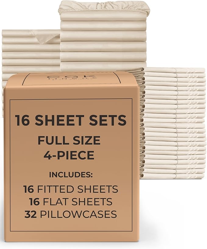 Bulk Case Pack of 16 Sheet Sets - (16) Complete Sheet Sets - Bulk Full Bedding - Wholesale Case Pack for Hotels, Spa & Airbnbs - Deep Pocket, Fade & Wrinkle Free - Cooling & Breathable - Full, Cream