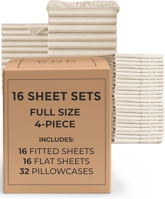 Bulk Case Pack of 16 Sheet Sets - (16) Complete Sheet Sets - Bulk Full Bedding - Wholesale Case Pack for Hotels, Spa & Airbnbs - Deep Pocket, Fade & Wrinkle Free - Cooling & Breathable - Full, Cream