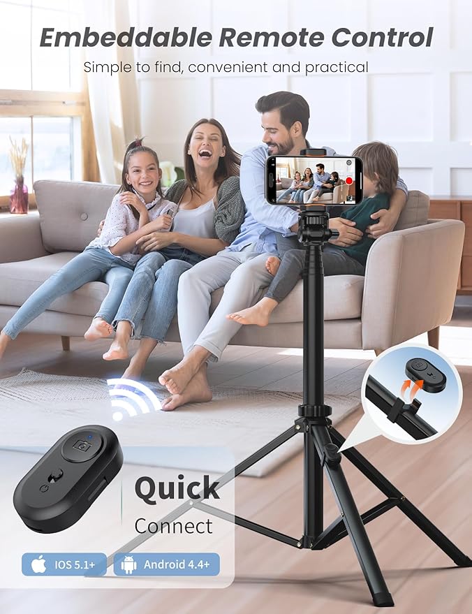 86'' Phone Tripod & Selfie Stick, Tripod for iPhone with Detachable Remote, Portable Phone Tripod Stand for Video Recording, Travel Tripod for Cell Phone, Compatible with Smartphones, DSLR