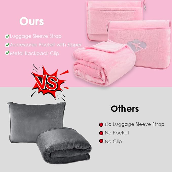 Blanket Pillow for Airplane Travel Essentials - 3 In 1 Travel Blanket and Pillow Set for Women Gifts, Plane Compact with Bag for Long Flight, International Traveler Must Haves Flying Accessories（Pink）