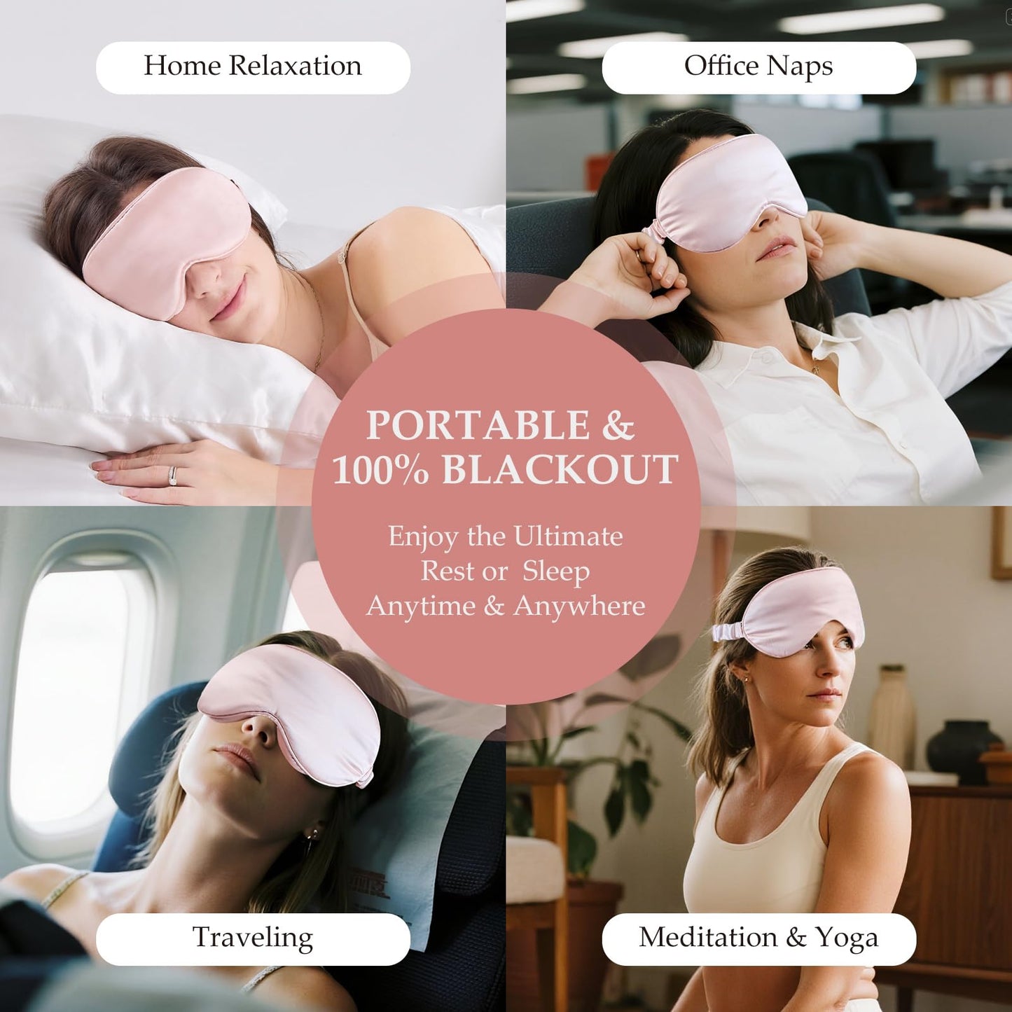 SGMSILK 100% 22 Momme Mulberry Silk Sleep Mask with Adjustable Strap, 3D Contoured Cup Silk Eye Mask for Sleeping, Total Black Out, Pink