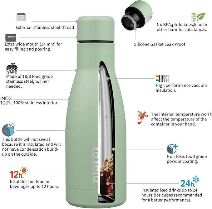 BJPKPK 12oz Water Bottles Stainless Steel Double Wall Vacuum Insulated Small Water Bottles for Travel,Macaron Green