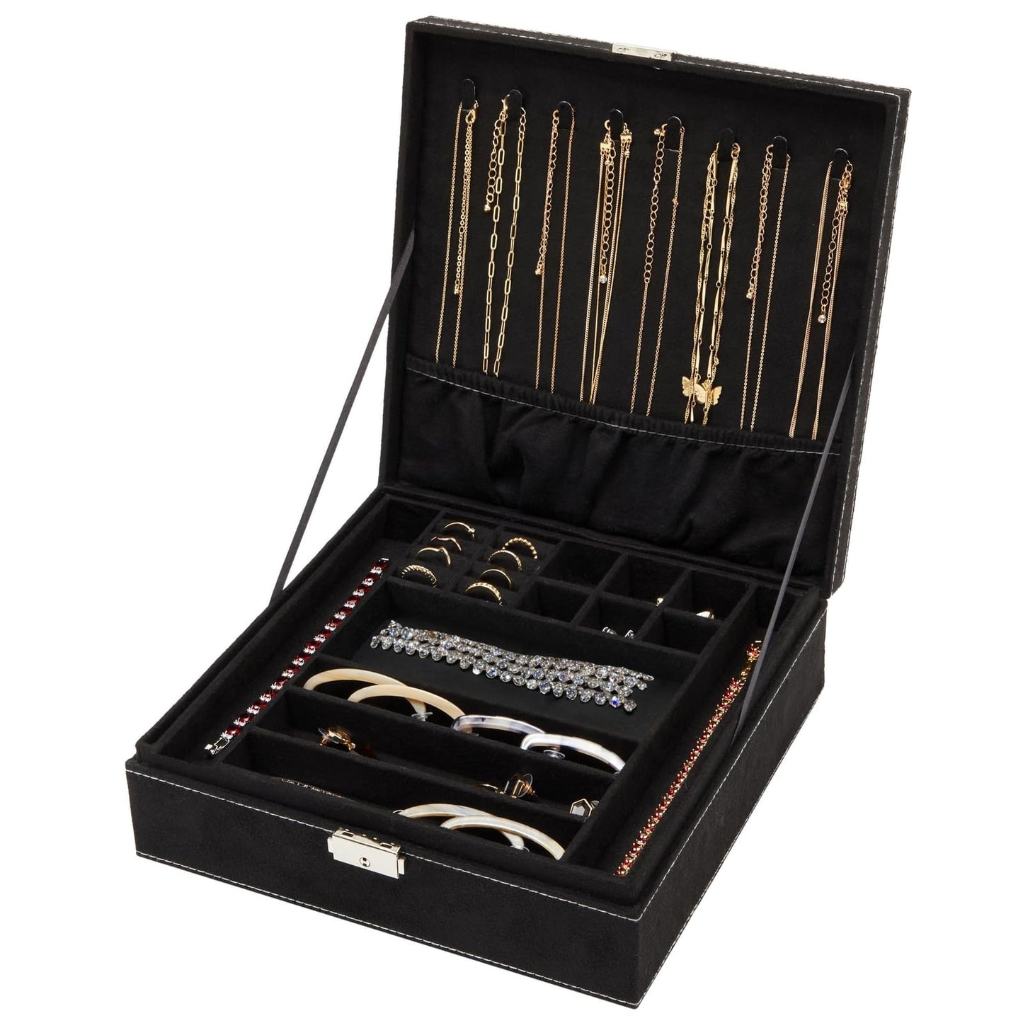 Juvale Jewelry Box for Men - 10.5 x 10.5 x 3.5 in, Black Velvet - Locking 2-Layer Travel Jewelry Organizer & Earring Holder, Necklace Organizer & Decorative Tray