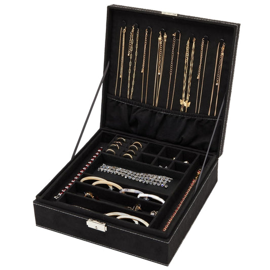 Juvale Jewelry Box for Men - 10.5 x 10.5 x 3.5 in, Black Velvet - Locking 2-Layer Travel Jewelry Organizer & Earring Holder, Necklace Organizer & Decorative Tray
