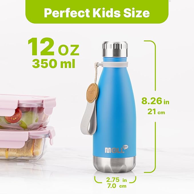 Kids Water Bottle for School-12 oz Stainless Steel Double Wall Vacuum Insulated Sports Water Bottle Reusable Metal Leak Proof Cola Shape Flask for Girls (Sky Blue)