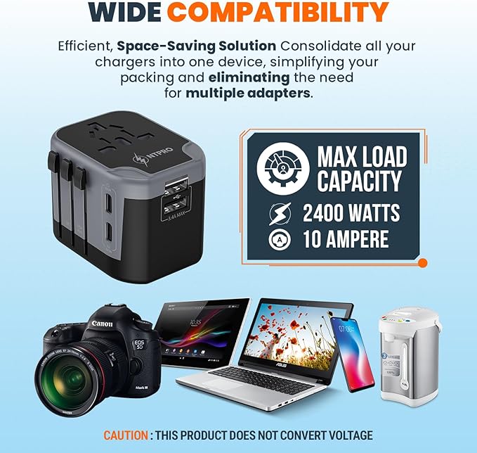 5 in 1 Universal Travel Adapter-10A | International Power Adapter with 2 USB C, 2 USB A Ports | 3.4A & 2400W Fast Portable Charger | Travel Adapter Worldwide Covering 200+ Countries- Black