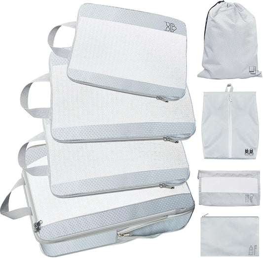 Compression Packing Cubes for Travel Expandable Mesh Packing Organizer Waterproof Portable Luggage Organizer Business Vacation Luggage Organizer-Gray 8 Pcs