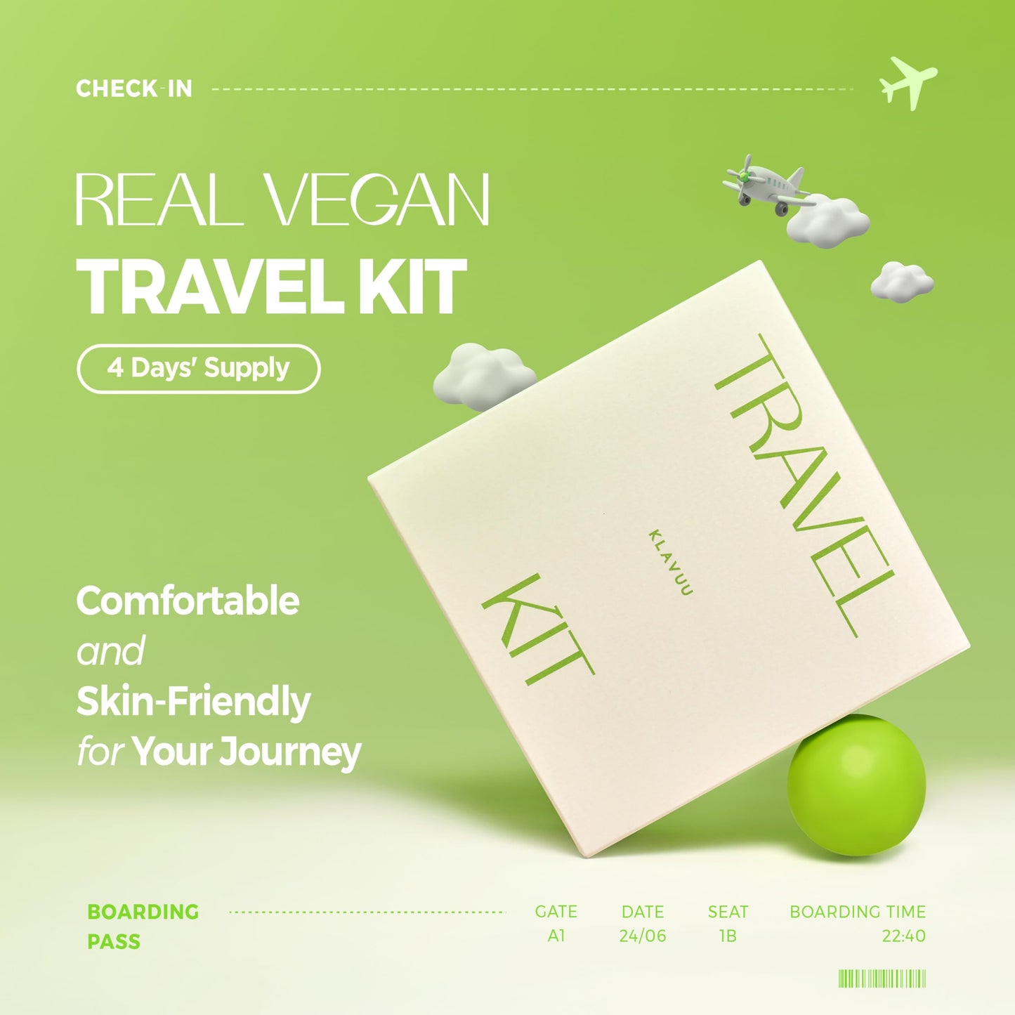 KLAVUU TRAVEL KIT – 4-Step Korean Skincare Set with Collagen Ampoule, Cream, Cleansing Pads & Foam | Travel Size Gift Set | Vegan | Mini K-Beauty Trial Kit