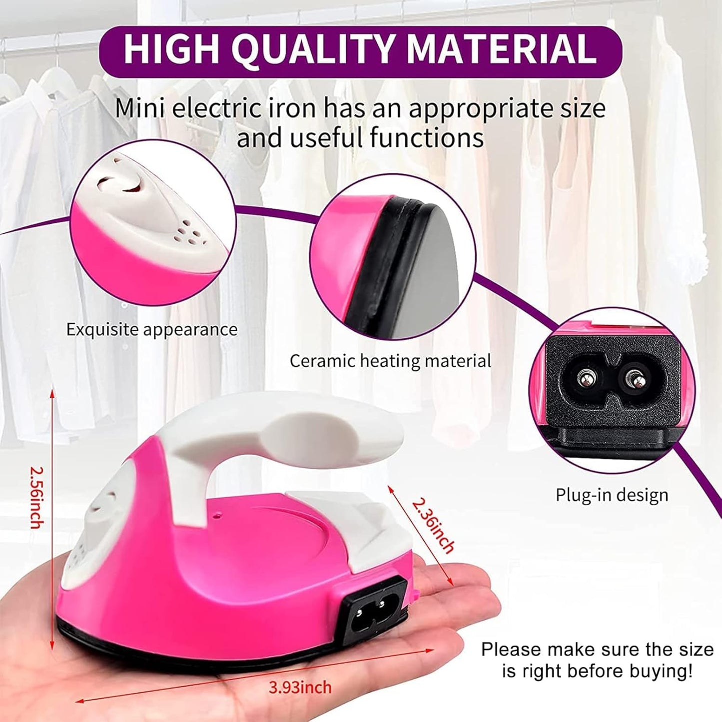 Mini Heat Press Iron Machine - Portable Electric Iron for Clothes, Shoes, Bags, Hats - Heating Transfer Press With Silicone Pad (Rose Red)