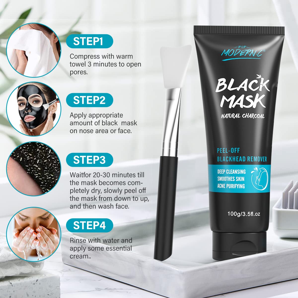 Blackhead Remover Mask Bamboo Charcoal Peel Off Mask Skin Care Face Mask 3-in-1 Kit Pimple & Deep Cleansing Black Facial Mask Shrink Pore With Blackhead Remover Extractor Tools