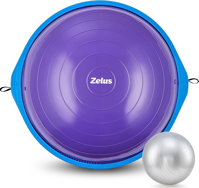 ZELUS 25in. Balance Ball | 660lb Inflatable Half Exercise Ball Wobble Board Balance Trainer w Nonslip Base | Half Yoga Ball Strength Training Equipment w 2 Bands, Pump, Extra Ball Included