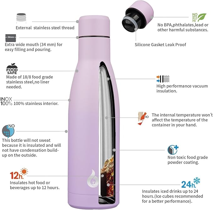 BJPKPK Insulated Water Bottle 17oz Stainless Steel Water Bottles Dishwasher Safe Reusable Metal Thermal Cold and Hot,Dreamy Purple