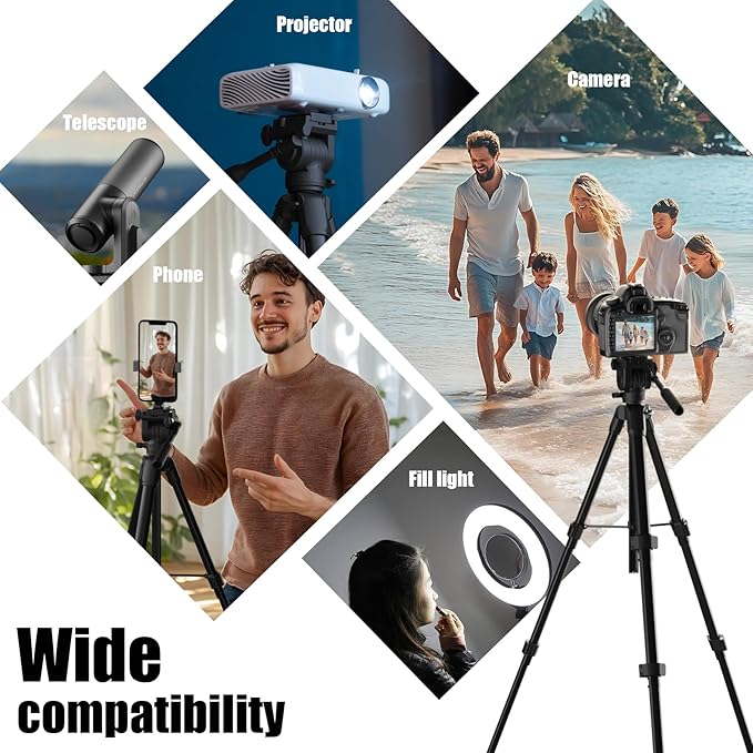 Camera Tripod, Travel Tripod for Camera Canon EOS Rebel Nikon, 61" Lightweight Phone Stand with Wireless Remote & Carry Bag, Compatible with DSLR, iPhone, Spotting Scopes, Max Load 11lb