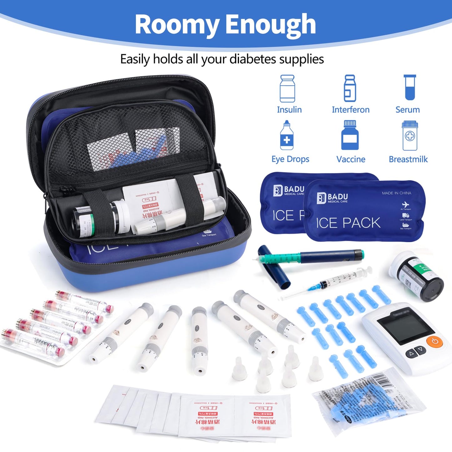 HIMDUZE Insulin Cooler Travel Case TSA Approved Refrigerated Medicine Cooler for Travel w/Thermometer Temperature Diabetic Travel Case w/2 Reusable Ice Packs for Daily Life Trip, Blue