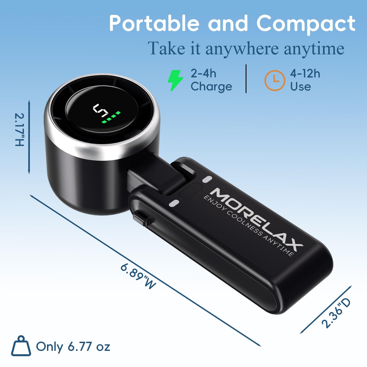 Morelax Personal Handheld Fan,High-Speed Turbo Fans,5-Speed with LED Display,Powerful Motor,4000mAh,USB Rechargeable Portable Cooling Fan for Outdoor Activities,Travel,Working,Black