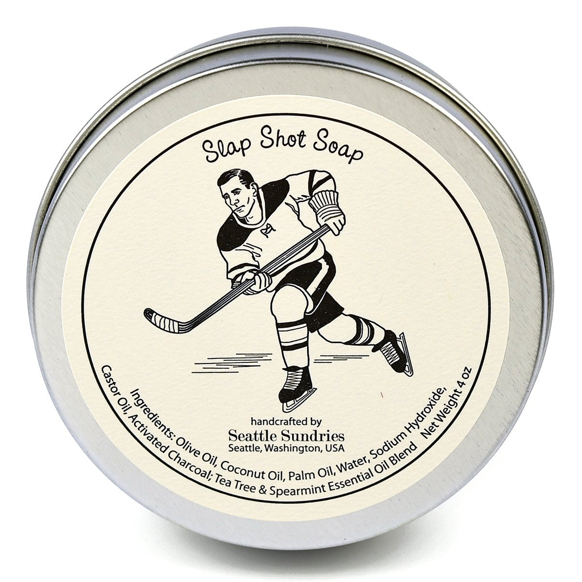 Seattle Sundries Slap Shot Hockey Puck Soap, Hockey Gift Idea 1 (4oz) Bar of Odor Fighting Activated Charcoal Soap in a Retro Gift Tin, Natural and Handmade