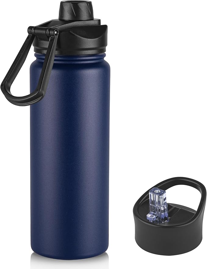 24oz Insulated Water Bottle with Straw Lid, Stainless Steel Metal Water Bottle with Straw & Wide Mouth Lid, Double Wall Vacuum Water Bottle for Hiking Camping, Navy 1 Pack