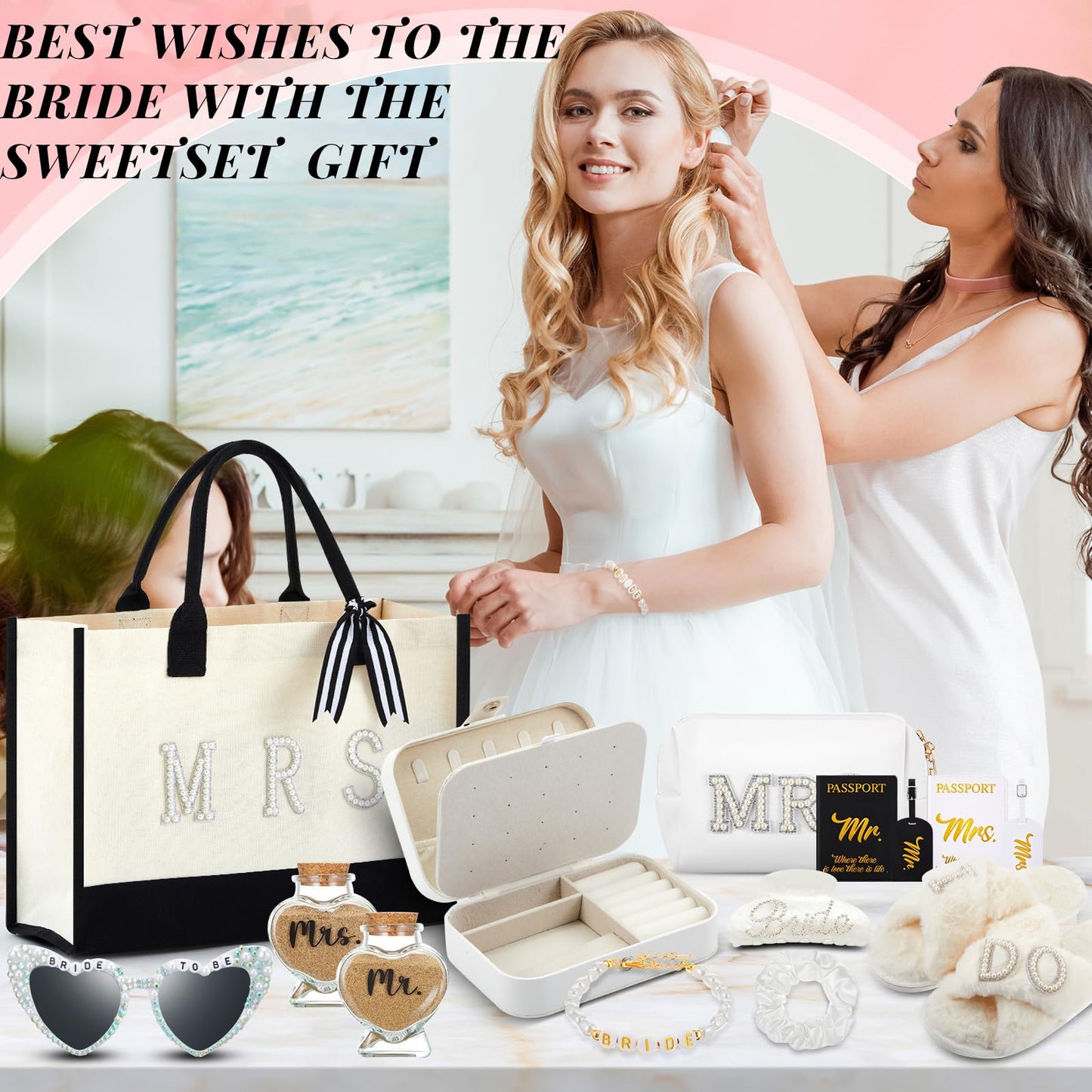 Dansydaisy 14 Pcs Bridal Shower Gifts Set Including Mrs Mr Travel Passport Tag Tote Cosmetic Bag Jewelry Box Claw Hair Clip Hair Tie Heart Sunglasses for Honeymoon Wedding Supplies(Women 7-8)