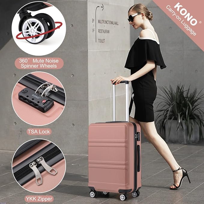 Kono 24 Inch Luggage Suitcase Lightweight with Spinner Wheels TSA Lock Hardside Medium Checked Luggage Durable Rolling Suitcase Nude/Rose Pink