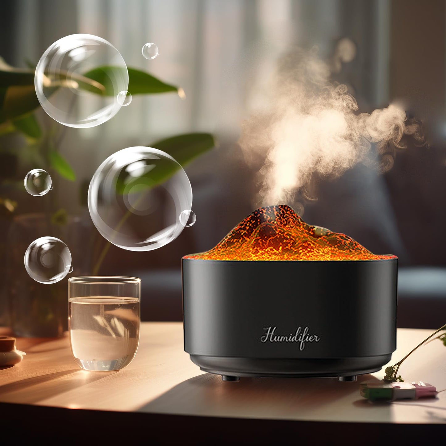 Humidifier for Bedroom,1.5L Volcano Essential Oil Diffuser,Air Diffuser with Premium Flame Lights Dual Nozzle Design, Auto Shut-Off USB Desk Humidifier, Ultra-Silent for Bedroom Travel Office.