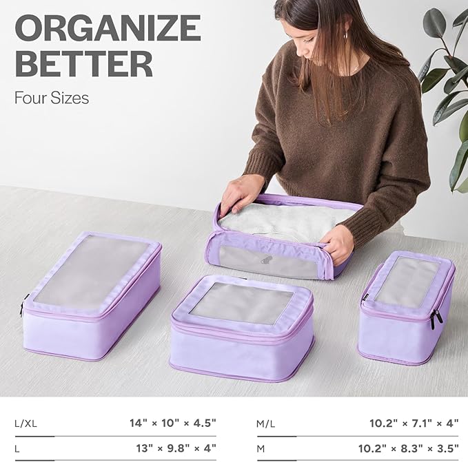 Compression Packing Cubes for Travel - Luggage Organizer Bags - Double Zipper Packing Cubes for Suitcases (4-Pack, Purple)