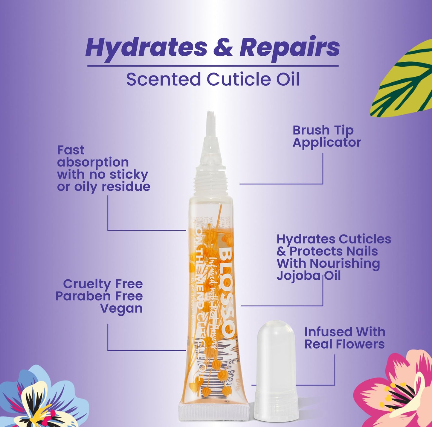 Blossom Cuticle Oil Pen for Nails, On the Mend Scented Travel Nail Oil for Growth and Strength, Infused with Real Flowers 0.34oz, Spring Bouquet