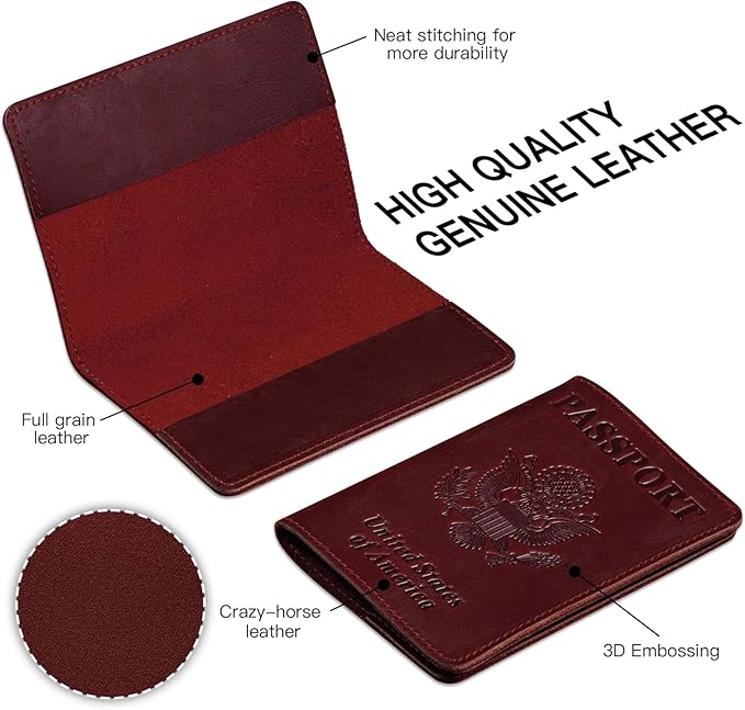 BIAOTIE Premium Leather Passport Holder Covers, Rfid Travel Wallet Passport Document Holder, Travel Essentials Wallet Cover Case for Men and Women (Wine Red)