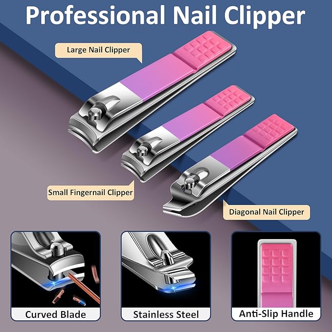 BLESWIN 10 in 1 Manicure Pedicure Kit, Manicure Kit for Women Professional, Mens Nail Grooming Kit, Manicure Tools Gift for Luxury Leather Travel Case for Family Friends (Pink & Purple)