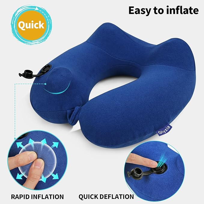 Inflatable Travel Neck Pillow for Airplane, Head Support Velvet Adult Neck Pillow for Long Flight, Kit with Eye Mask, Earplugs and Storage Bag,1, Navy Blue