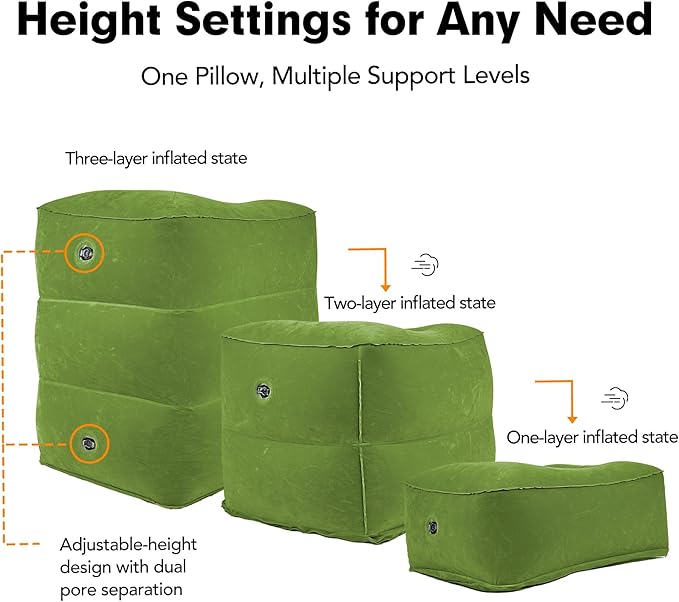 Inflatable Foot Rest Pillow for Travel, Adjustable 3 Layers Height Cushion Kids/Adults Airplane Travel Pillow, Suitable for Office, Home, Trains, Cars - Green