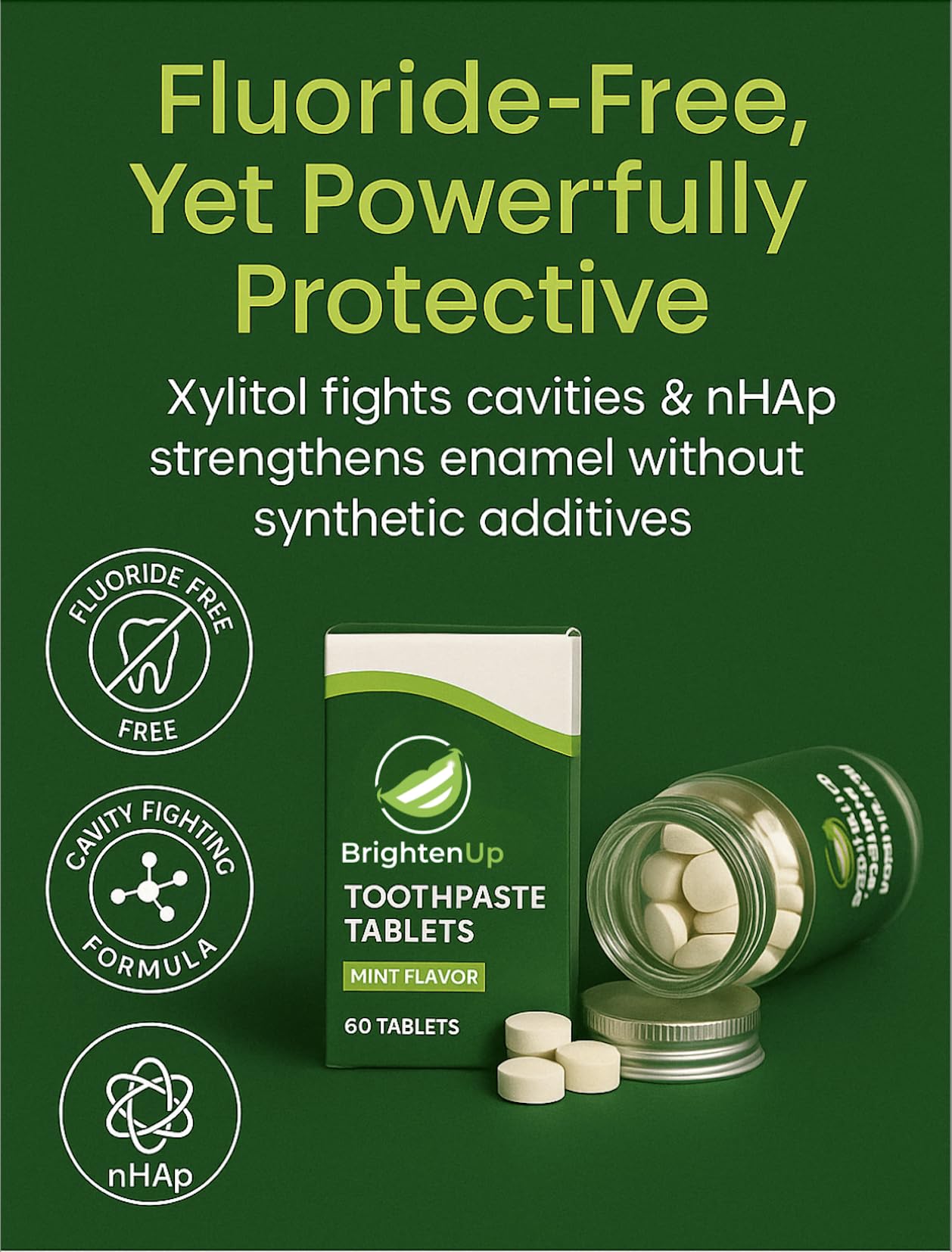 BrightenUp Toothpaste Tablets – Natural Whitening with Nano-Hydroxyapatite, Xylitol & Peppermint | Chewable, Fluoride-Free, Plastic-Free, TSA-Friendly | Remineralizes Enamel | 60 Tablets (1 Month)