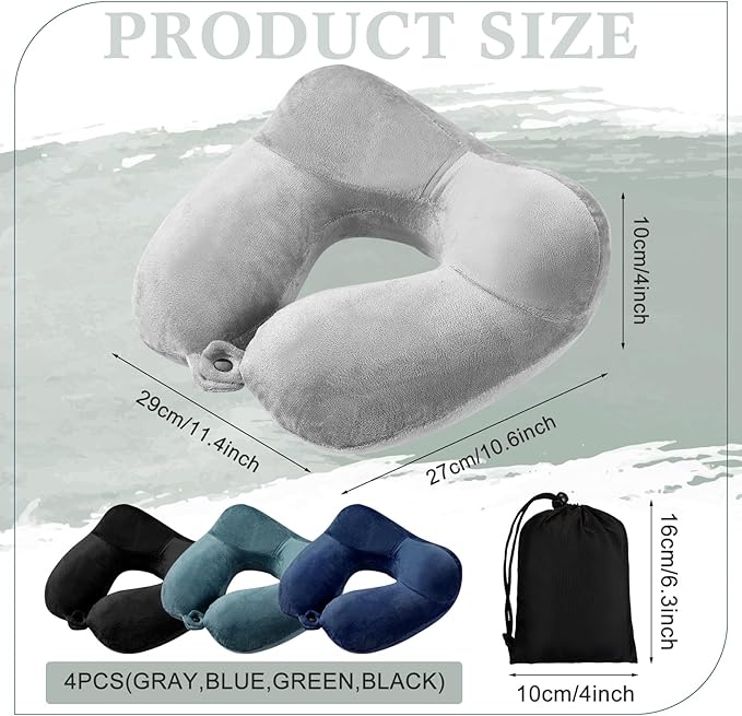 Sintuff 4 Sets Inflatable Travel Pillows for Airplanes with Compact Bag and Blindfold Velvet Inflatable Neck Pillow for Traveling Head Support U Shaped Flight, 12 x 12 x 5.5 Inch(Multi Color)