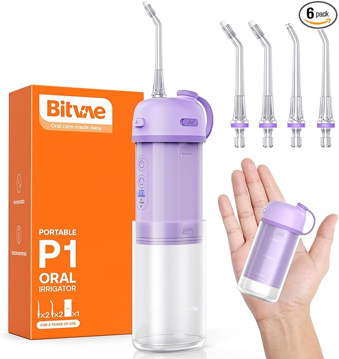 Bitvae P1 Water Dental Flosser, Portable Water Cleaner Picks, Cordless Mini Water Teeth Cleaners with Telescopic Water Tank, IPX7 Waterproof Oral Irrigator, Brace & Sensitive Teeth Care, Purple
