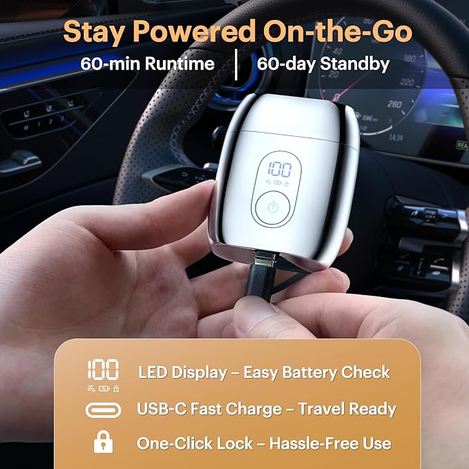 All-Metal Mini Electric Shaver for Men – Portable Travel Razor with Mirror Cap, Smooth & Close Shave, LED Display, USB-C Fast Charge, Wet/Dry Waterproof – RX40 Silver