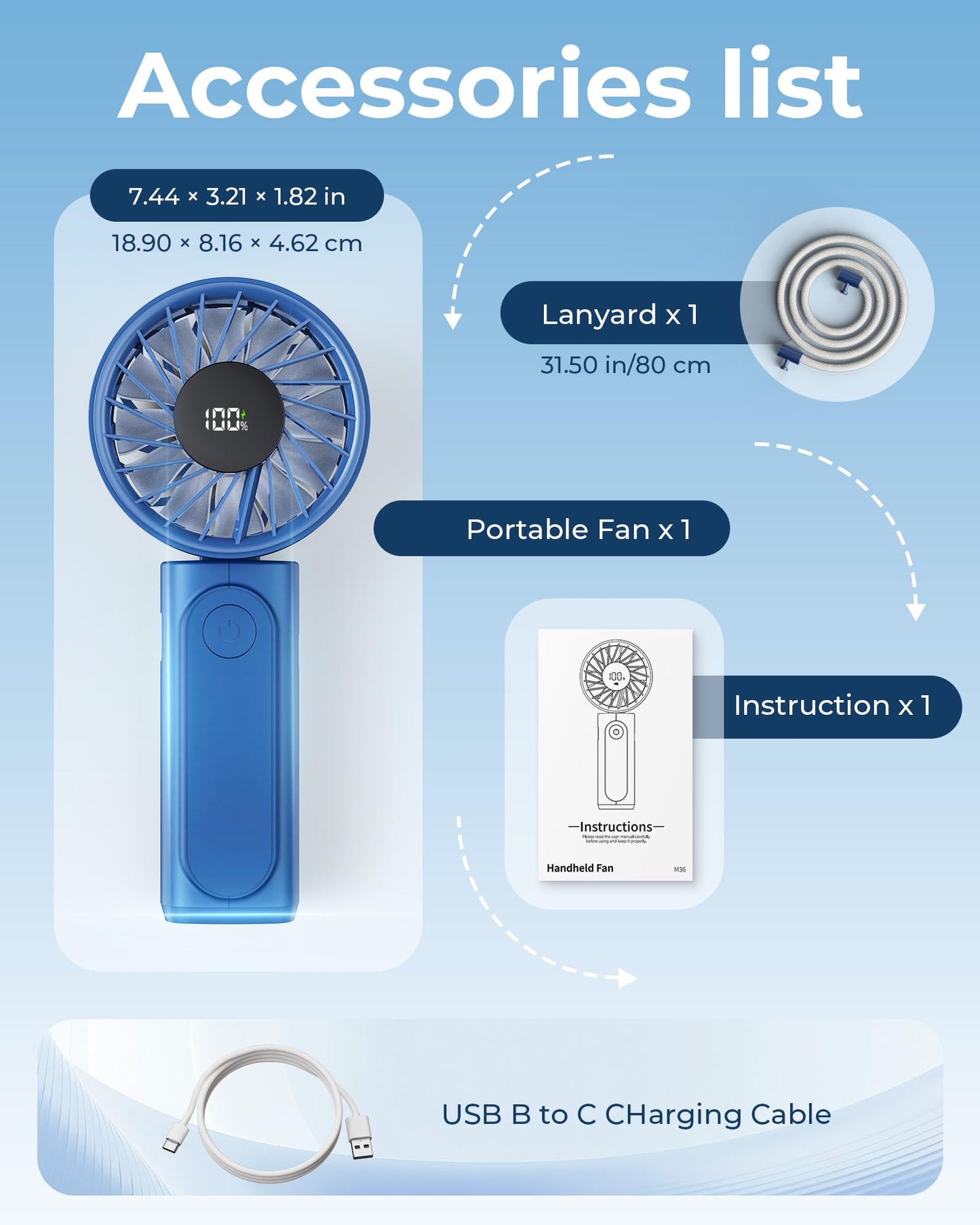 Handheld Fan, Portable Fan, 4000mAh Rechargeable Personal Fan, 180° Foldable Mini Desk Fan with 6 Wind Speed, LCD Digital Display, Lanyard as Neck Fan, Ultra Quiet, Pocket Size for Indoor Outdoor