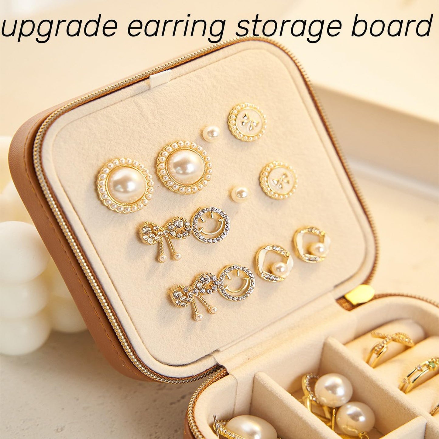 Travel Jewelry Box, PU Leather Small Jewelry Organizer for Women Girls, Portable Mini Travel Case Display Storage Holder Boxes for Stud Earrings, Rings, Necklaces (Brown)