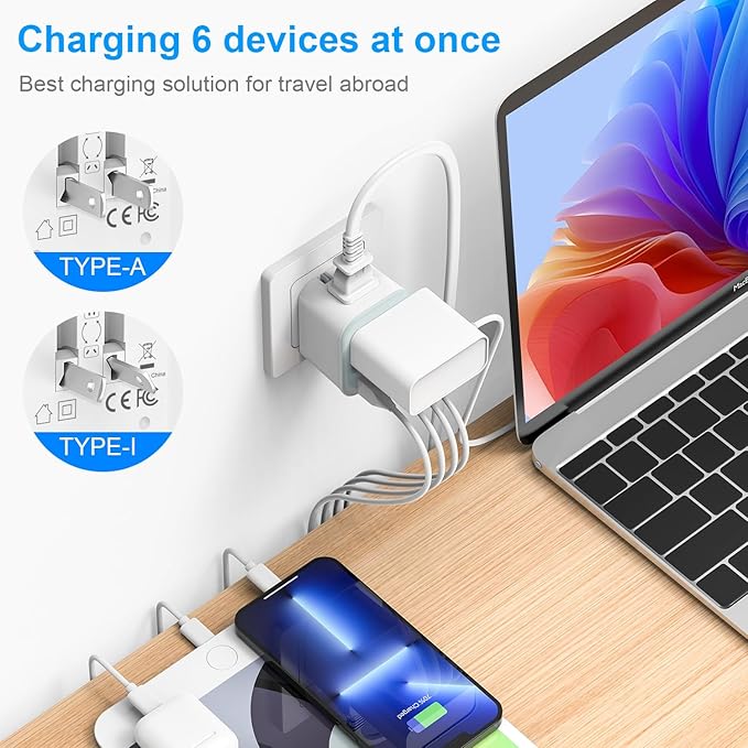 Australia Travel Plug Adapter, Foldable Power Adapter with 4 USB(2 USB C Port) and 2 Outlets Charger, 2 in 1 Type A/I Travel Adapter for US to Japan Canada Mexico AU Argentina Fiji(1 Pack)