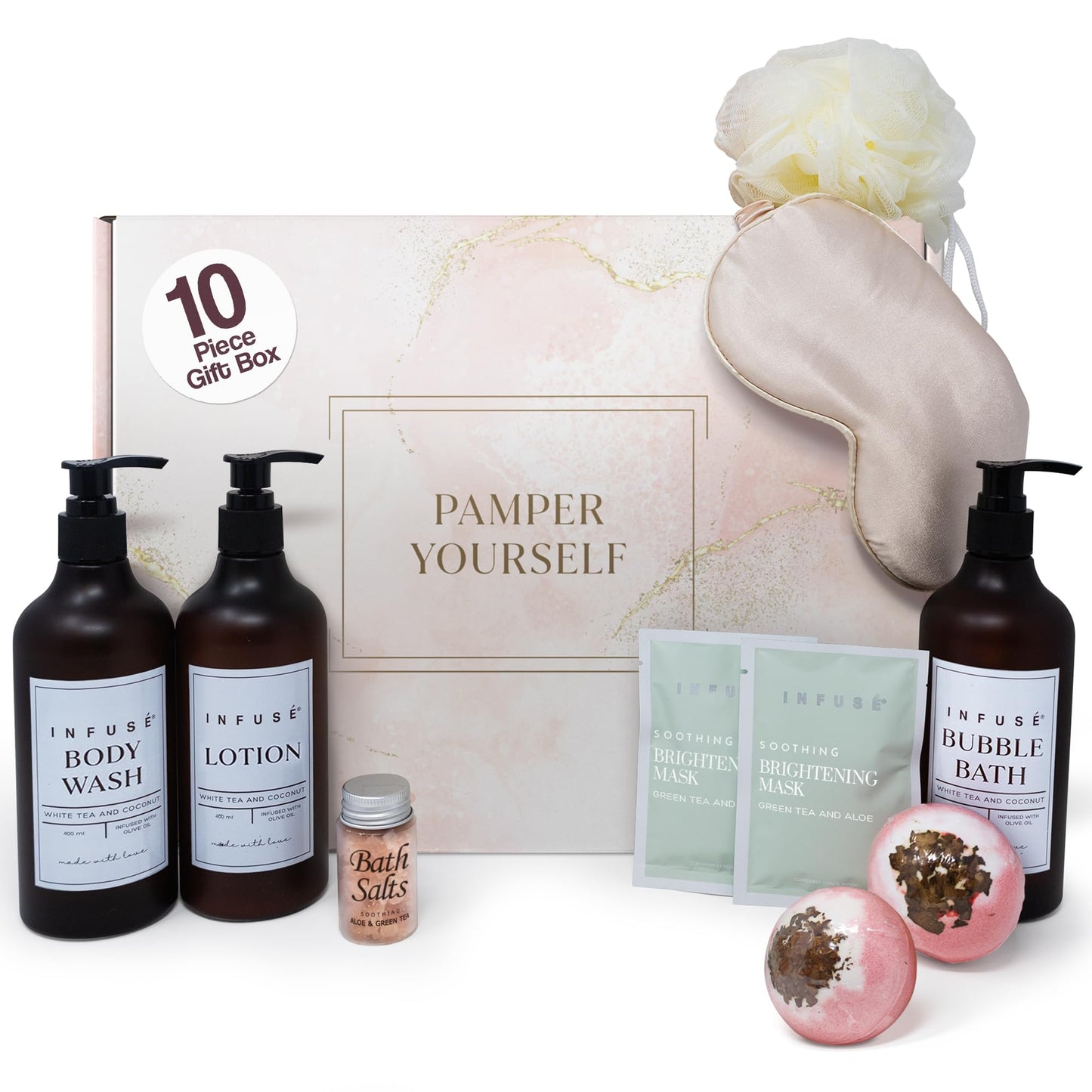 INFUSÉ 10-Piece Spa Gift Box for Women | Self-Care Set with Eye Mask, Loofa,Bath Bombs,Face Masks,Bubble Bath, Lotion, Body Wash & Bath Salt | Gift for Mom, Grandma, Wife, Bridesmaid or Loved Ones
