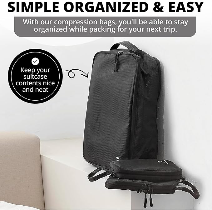 8 Piece Compression Packing Cubes Set - Double Capacity Design for Travel - Small, Medium & Large Sizes - Carry-On Suitcase Organizer Bags (Black)