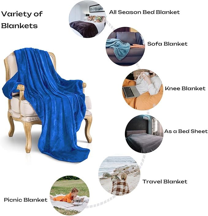 JIAHANNHA Fleece Blanket King Size Royal Blue 108 by 90 Inches Blankets for Couch Sofa Bed 280GSM,Super Soft Cozy and Luxury Bed Blanket for All Season