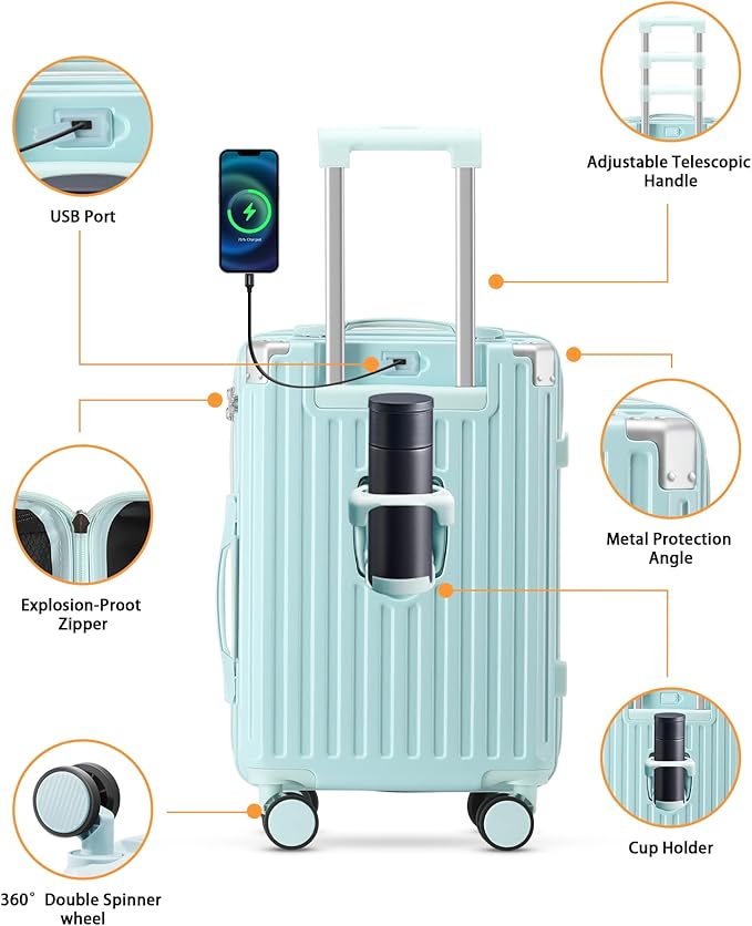 20 Inch Carry On Luggage With Cup Holder & USB Port, Airline Approved TSA-locked Luggage, Lightweight PC Material Travel Suitcase With 360° Spinner Wheel (20in-Blue, 20in)