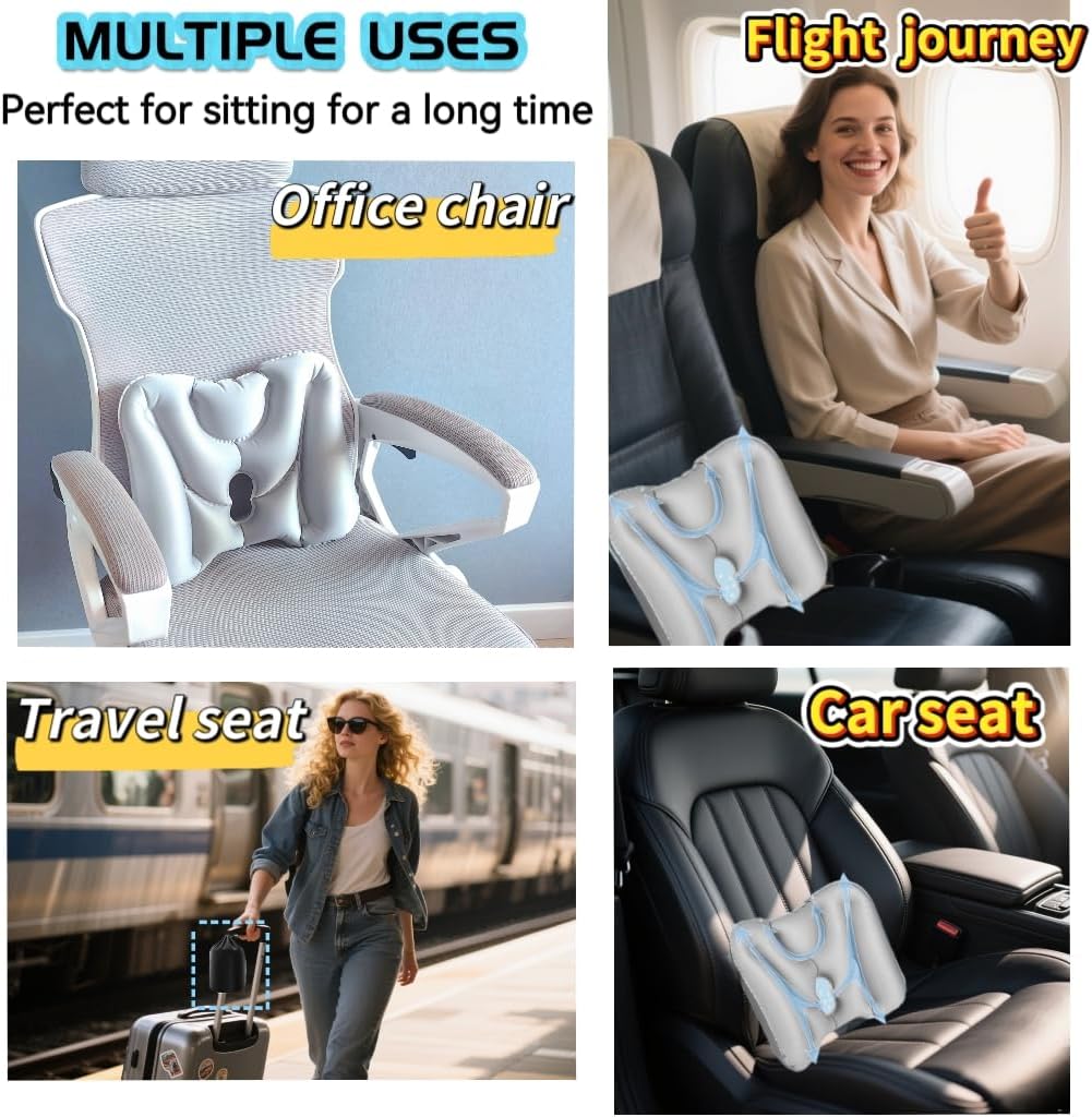 Travel Lumbar Pillow Inflatable Lumbar Support Pillow for Airplane Travel, Back Support Pillow for Office Chair/Car, Lumbar Pillow for Lower Back Pain Relief and Improve Posture, Easy to Carry, Grey